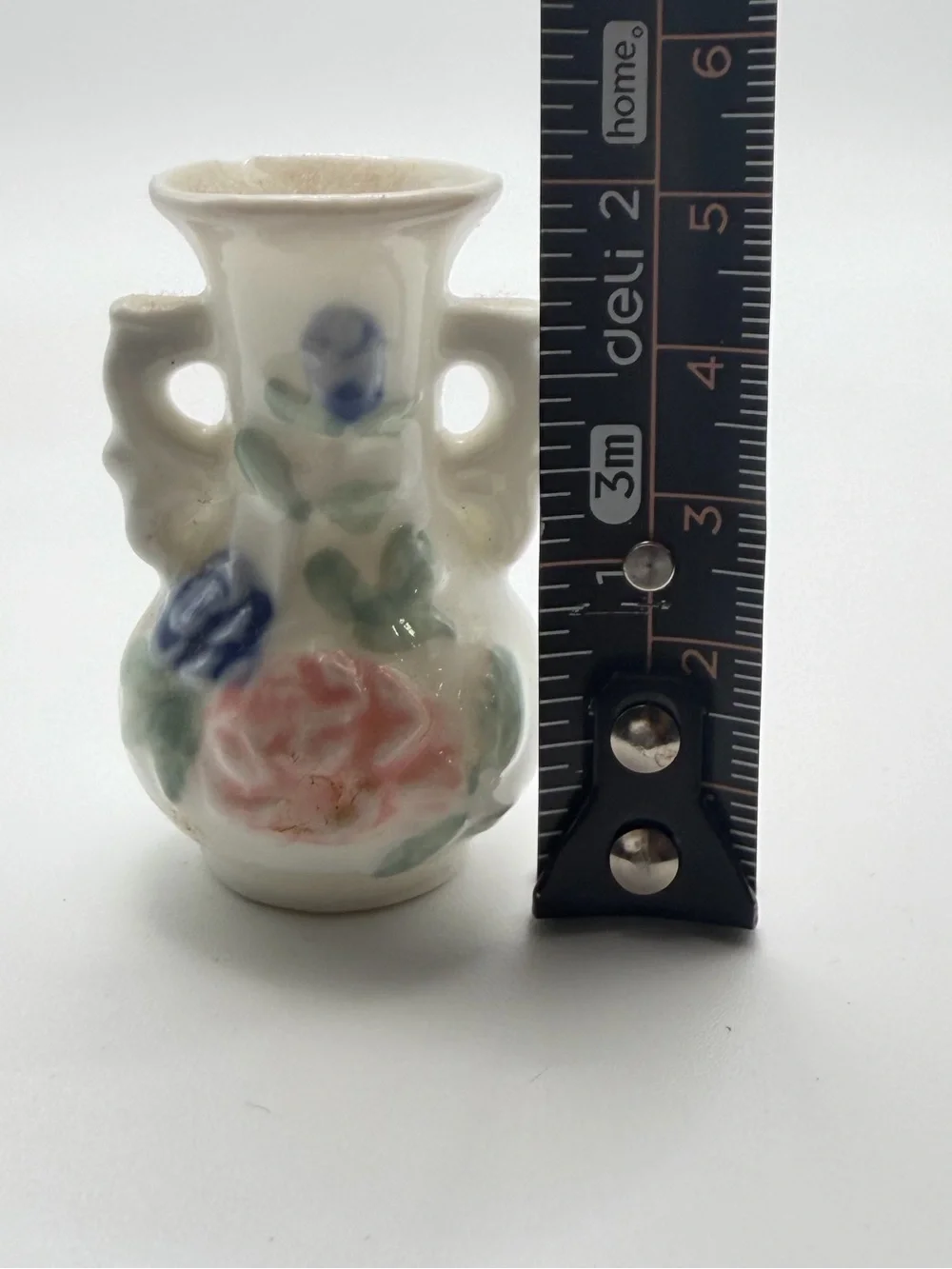 Miniature Cream Ceramic Decorative Vase with Pink & Blue Floral Motif